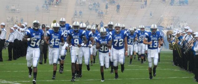 The Duke Blue Devils take the field at Wallace Wade Stadium.