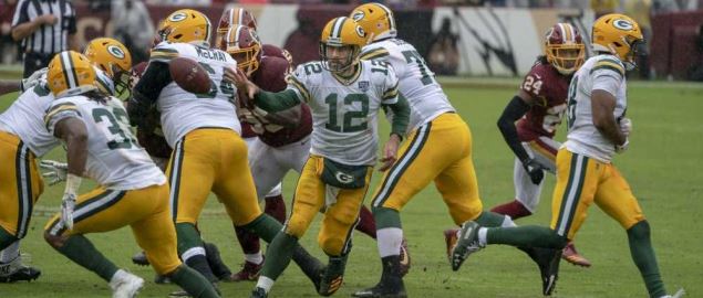 Aaron Rodgers of the Green Bay Packers during a game against the Washington Redskins.