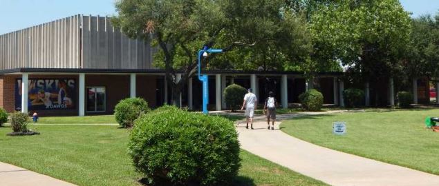 Entrance to Sharp Gymnasium, home of the Houston Baptist Huskies.