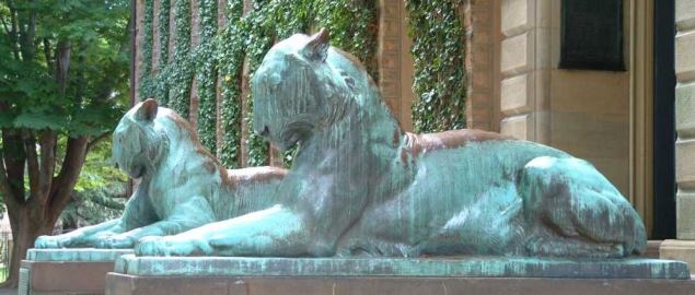 Bronze tiger sculptures by Alexander Phimister Proctor, at Princeton University.