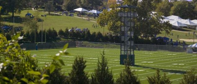 Kansas Jayhawks football practice fields and tailgaters on the hill.